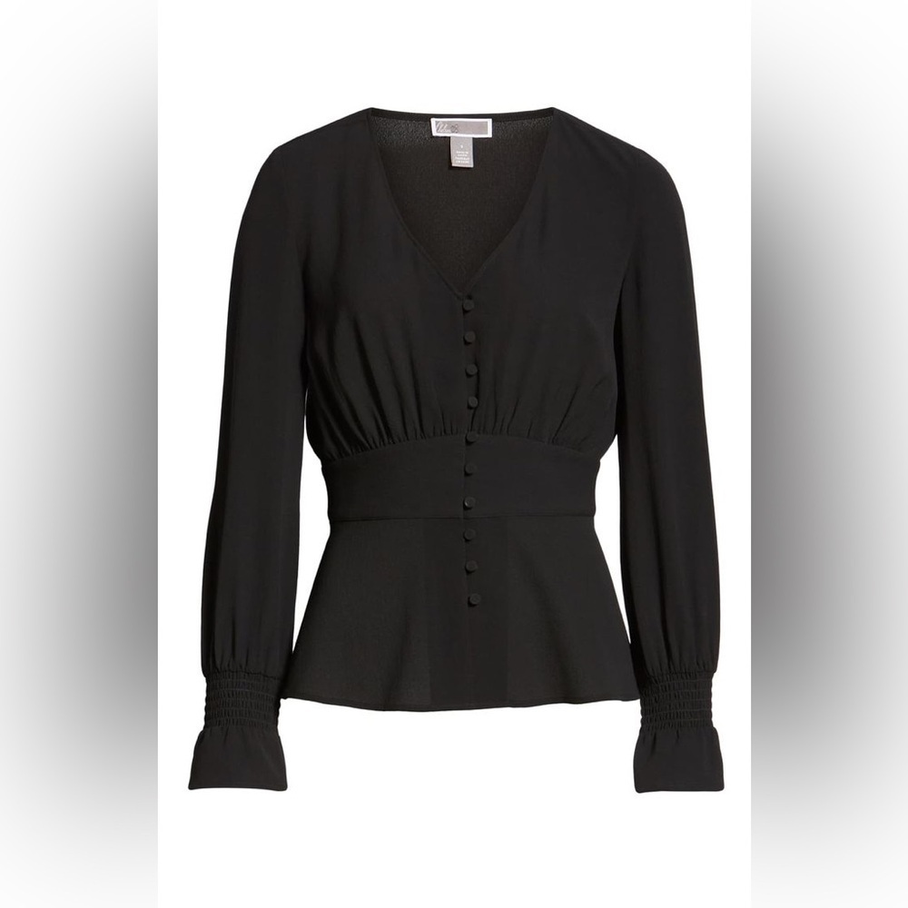 Chelsea28 Black Button Front Peplum Blouse V Neck Long Sleeve Smocked Cuff